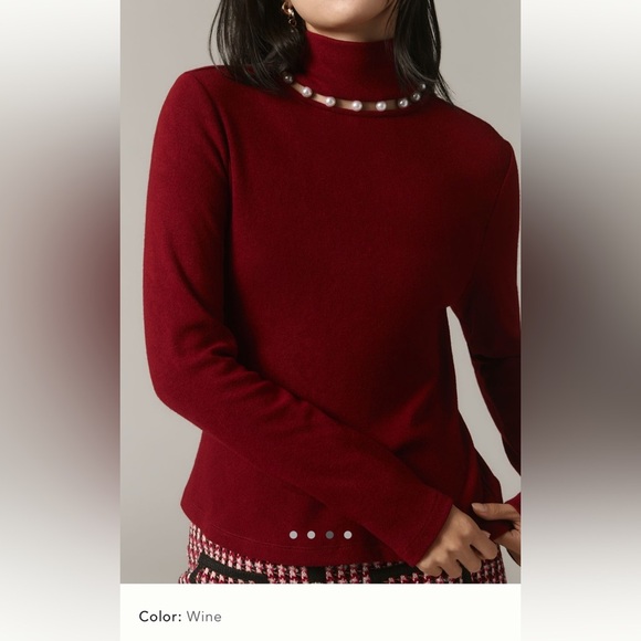 Small Anthropologie design history pearl trim turtleneck sweater top wine red - Picture 1 of 16